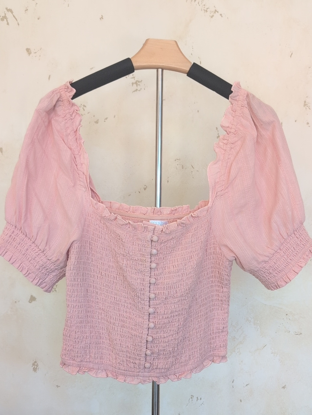 Blush Pink Smocked Puff-Sleeve Blouse 100% Cotton